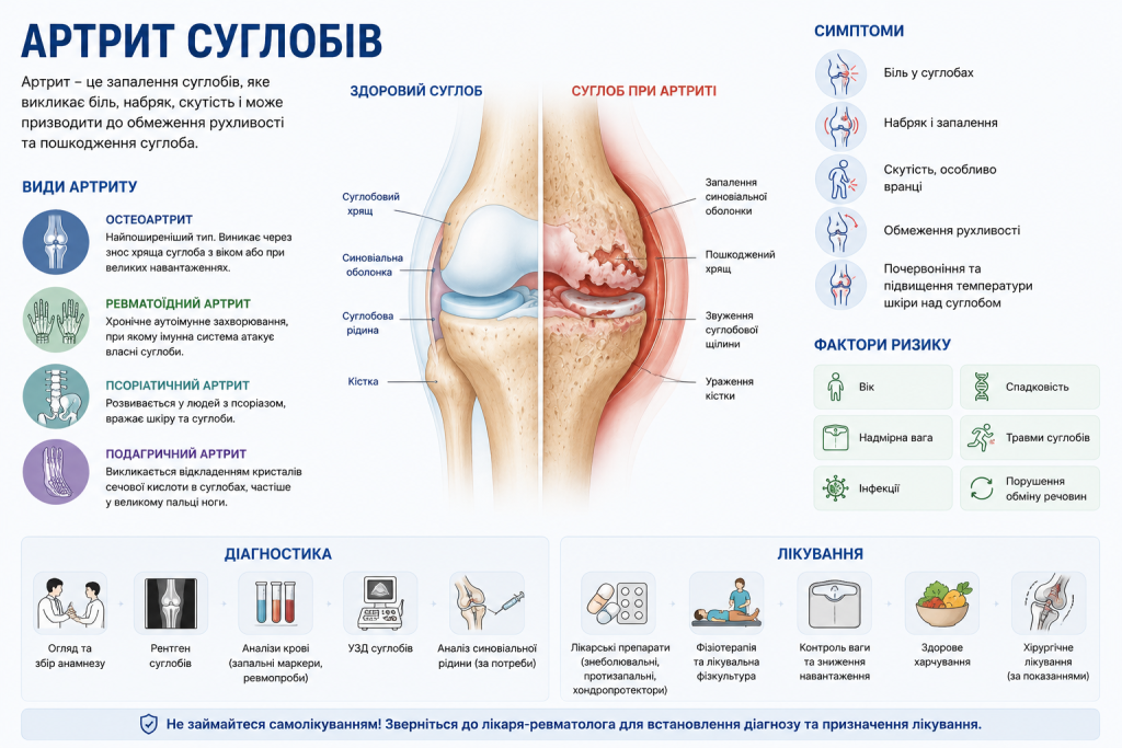 Медична інфографіка «Артрит суглобів» із порівнянням здорового суглоба та суглоба при артриті, видами артриту, симптомами, факторами ризику, методами діагностики та лікування