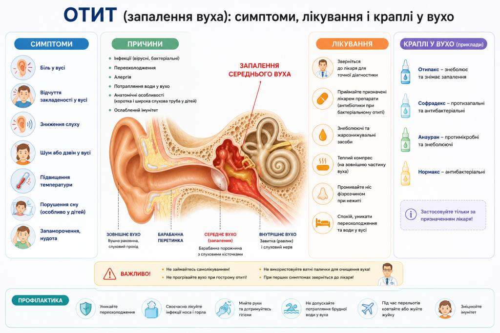Інфографіка про отит — симптоми, причини запалення середнього вуха, методи лікування, види вушних крапель та профілактика