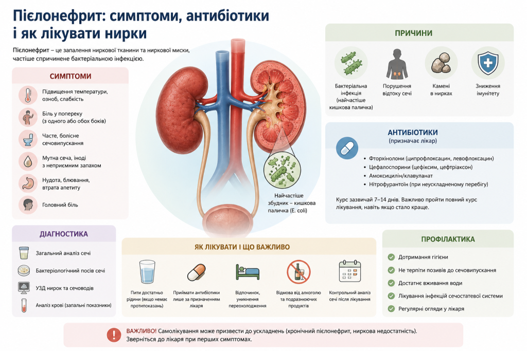 Інфографіка про пієлонефрит із симптомами, причинами, методами діагностики, переліком антибіотиків, рекомендаціями щодо лікування та профілактики запалення нирок
