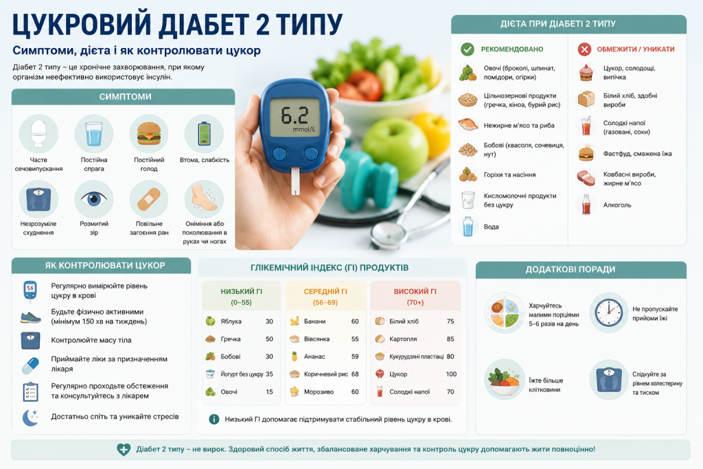 Інфографіка «Цукровий діабет 2 типу» з блоками про симптоми, дієту, глікемічний індекс продуктів, способи контролю цукру та додаткові поради