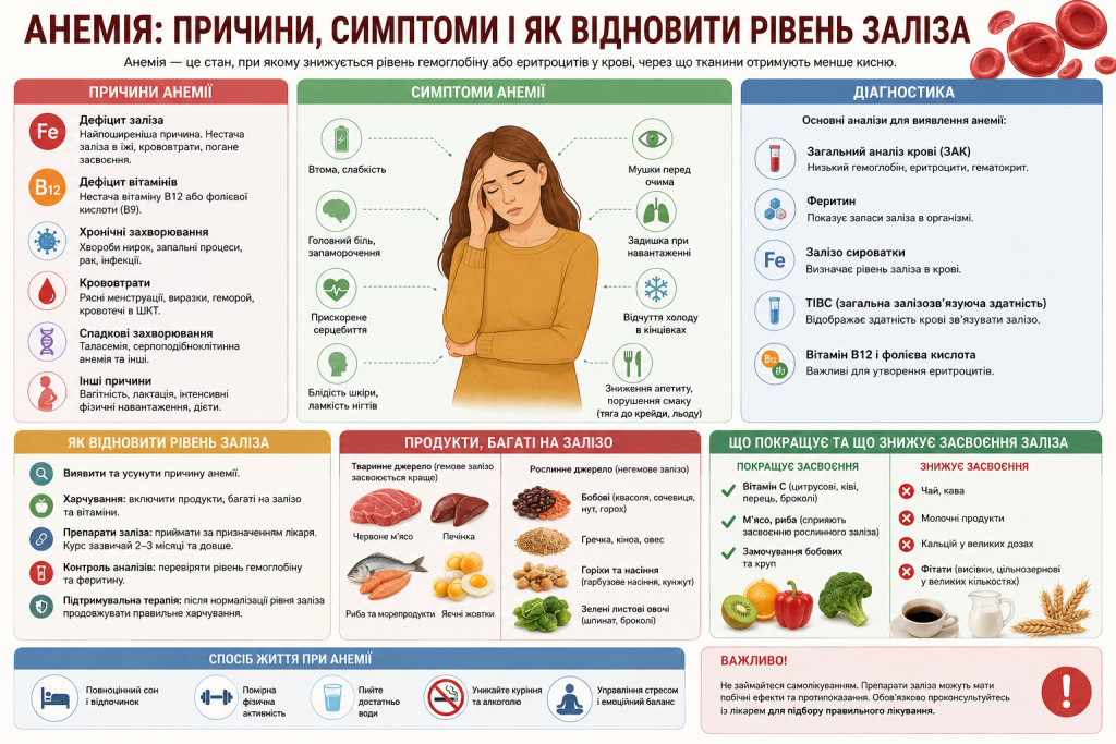 Інфографіка про анемію — причини, симптоми, діагностика та продукти для відновлення рівня заліза