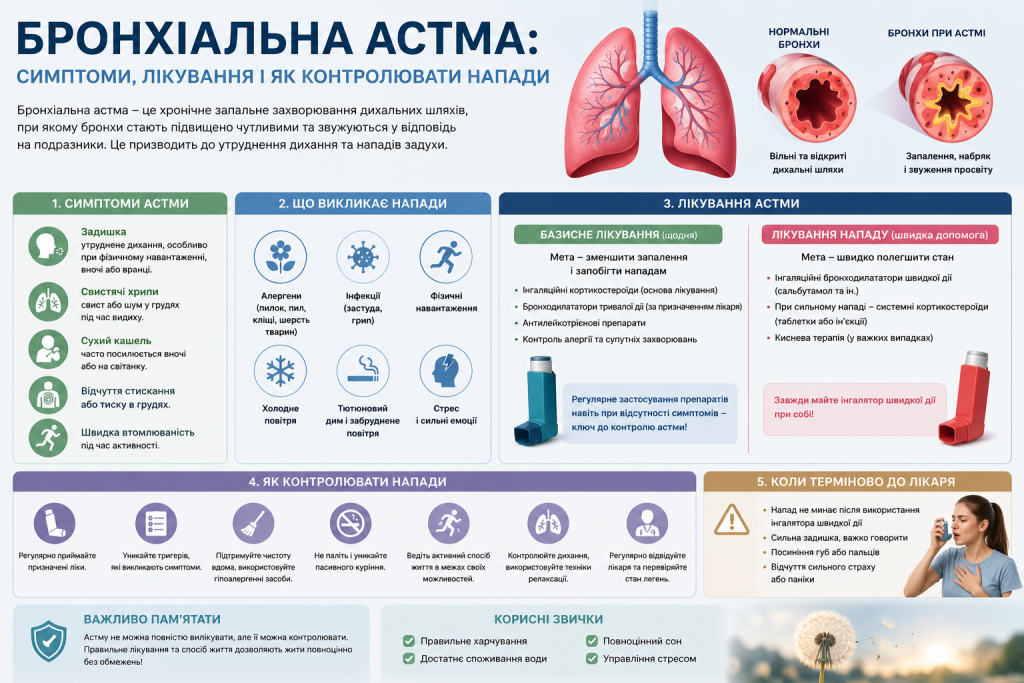 Інфографіка про бронхіальну астму — симптоми, тригери нападів, методи лікування, контроль нападів та коли терміново до лікаря