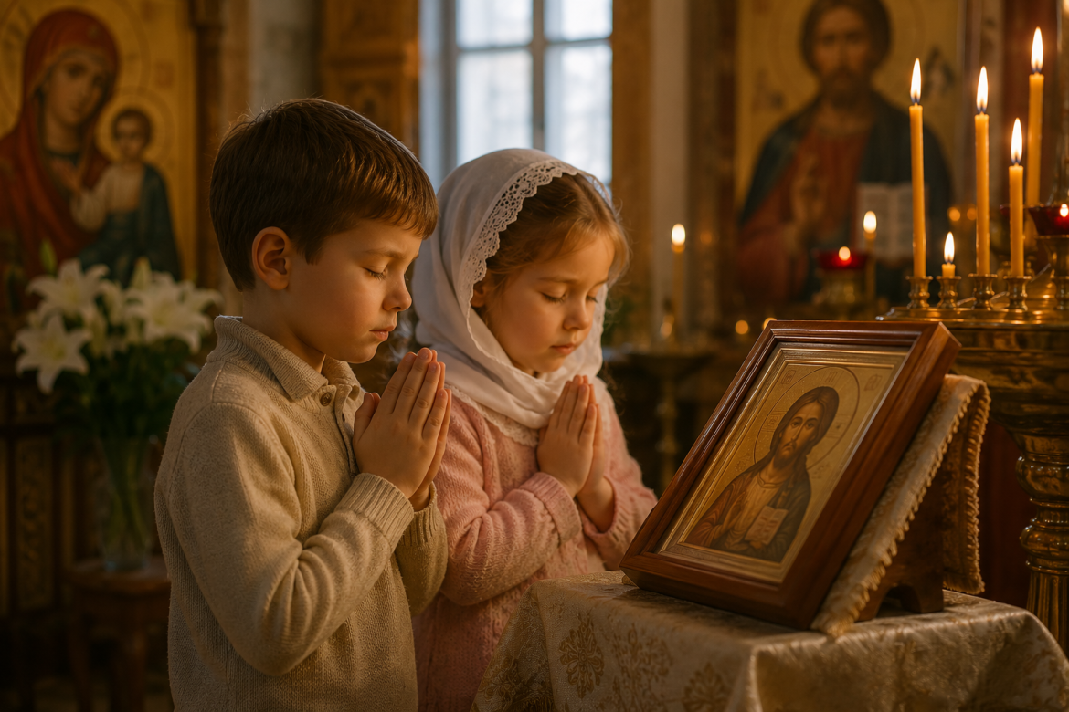 Хлопчик і дівчинка моляться перед іконою у православному храмі, просячи здоров'я та благословення для своїх батьків.