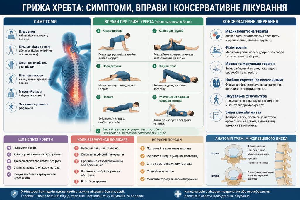 Інфографіка про грижу хребта — симптоми, вправи для лікування та методи консервативної терапії