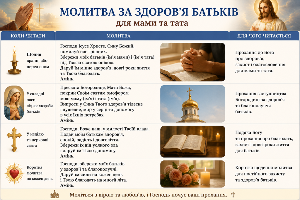 Інфографіка з текстами молитов за здоров'я батьків, порадами коли їх читати та духовним значенням молитви.
