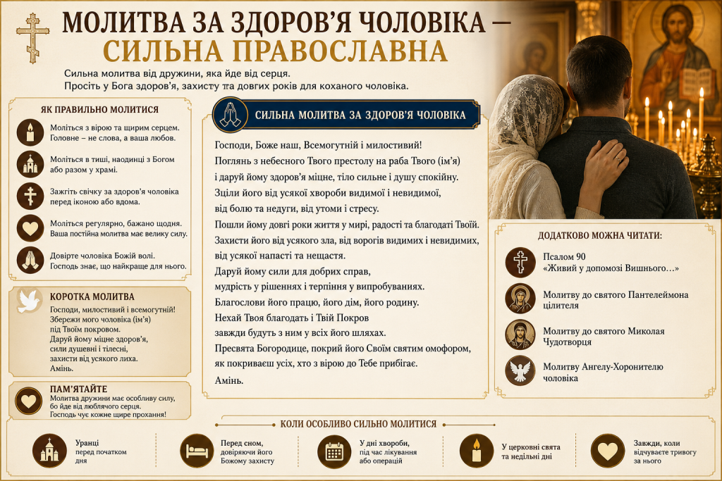 Інфографіка з православною молитвою за здоров'я чоловіка, порадами щодо молитви, коротким молитовним правилом та рекомендаціями, коли особливо варто молитися за близьку людину.
