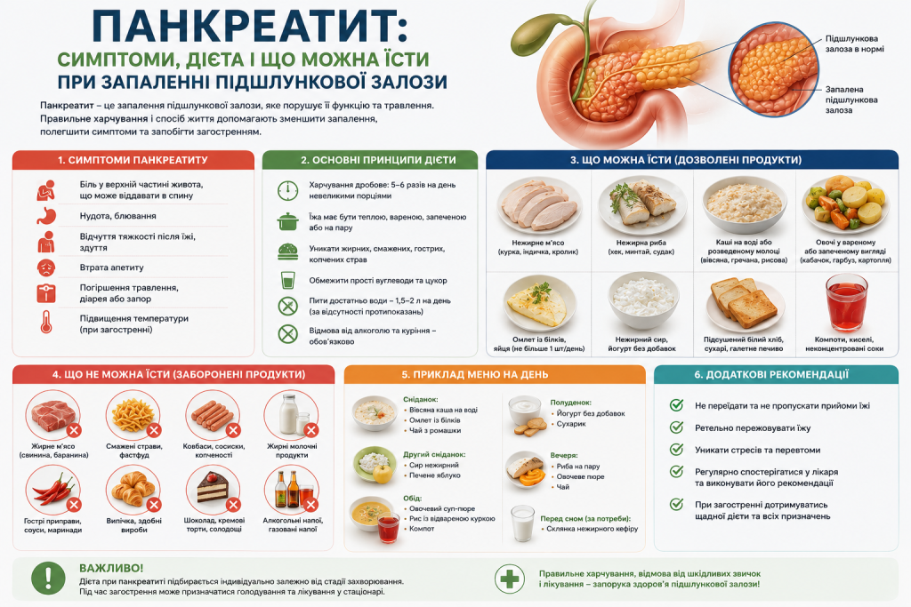 Інфографіка про панкреатит — симптоми запалення підшлункової залози, принципи дієти, дозволені та заборонені продукти, приклад меню на день