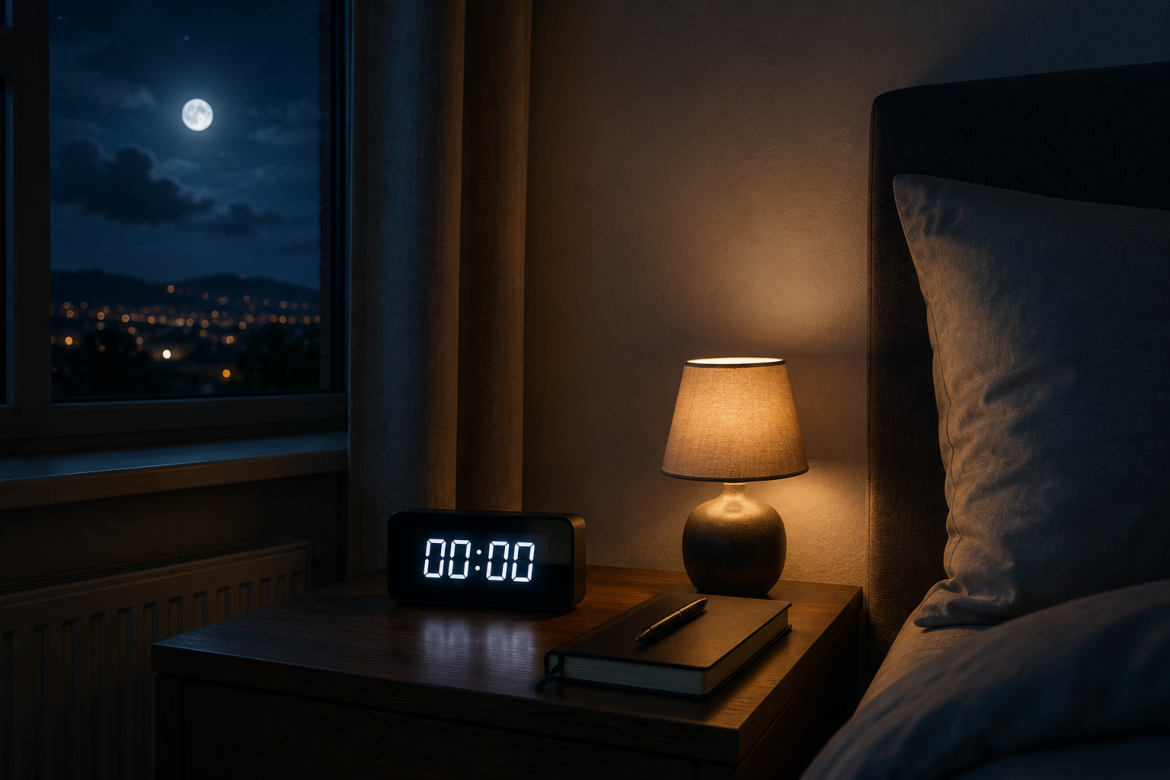 Електронний годинник показує 00:00 на тумбочці у спальні вночі