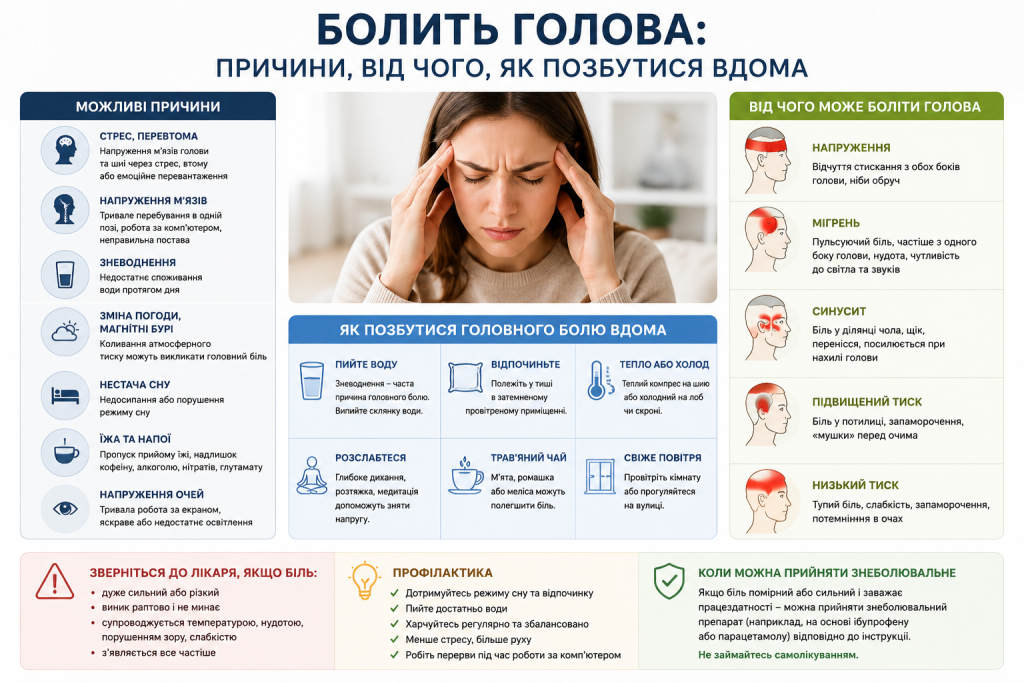 Інфографіка про поширені причини головного болю, його локалізацію, домашні способи полегшення та тривожні симптоми