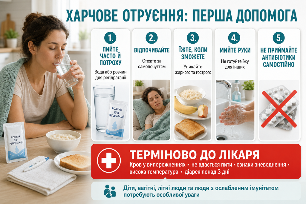 Інфографіка про симптоми харчового отруєння, першу допомогу, питний режим і небезпечні ознаки
