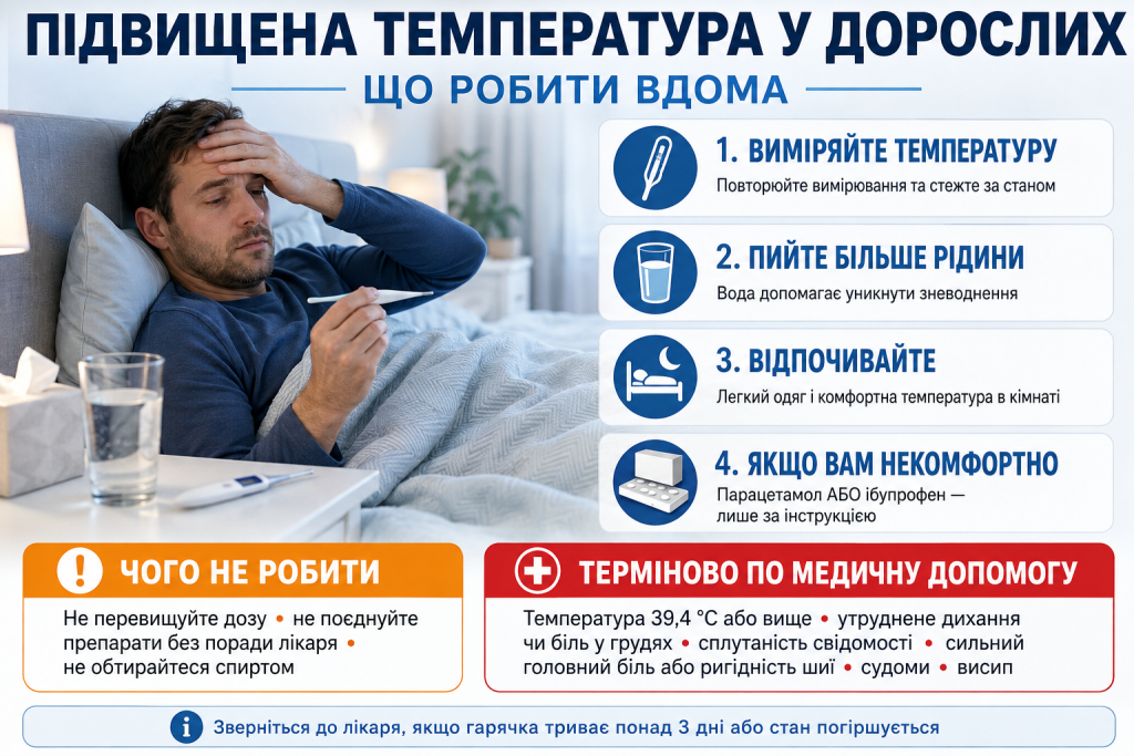 Інфографіка про причини підвищеної температури у дорослих, способи вимірювання та правила звернення до лікаря