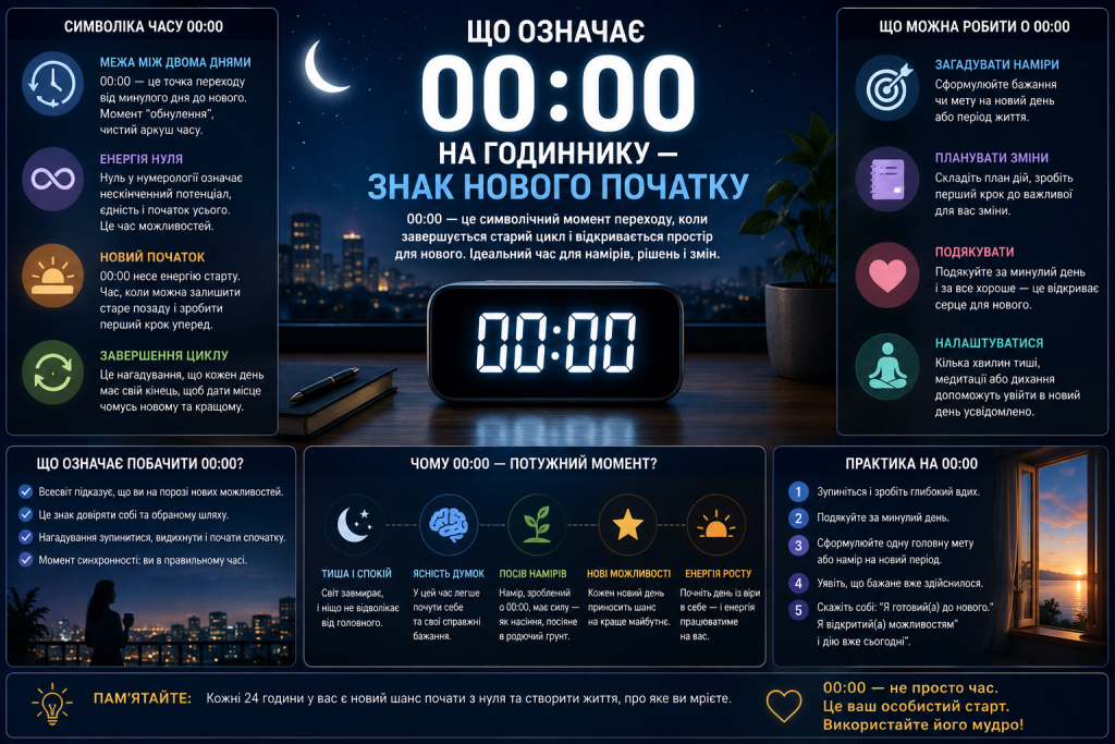Інфографіка про значення часу 00:00 на годиннику та символіку нового початку