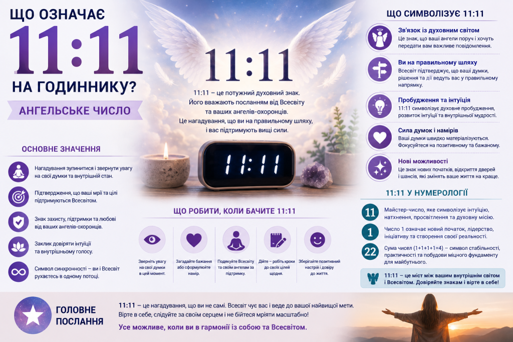 Інфографіка про значення часу 11:11 на годиннику, ангельське число, нумерологію та популярні духовні трактування