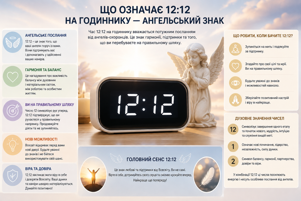 Інфографіка про значення 12:12 на годиннику, ангельський знак, гармонію та нові можливості