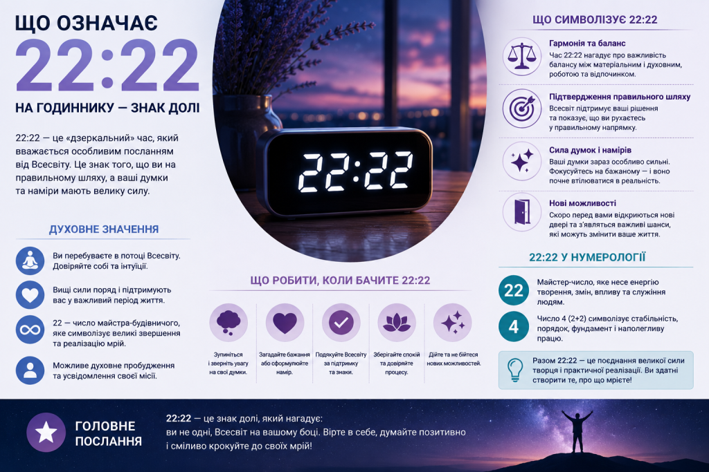 Інфографіка про значення часу 22:22 на годиннику в нумерології та популярних духовних трактуваннях